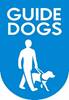 Guide Dogd Logo, blue background with white person and guide dog