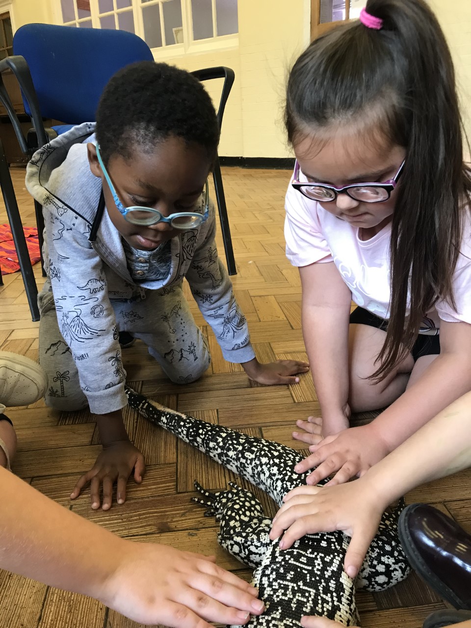 Children touching a tegu.