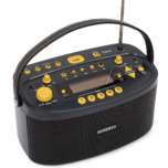 A black and yellow Roberts radio.
