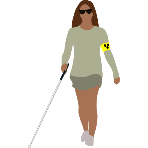 A woman with dark glasses using a white cane.