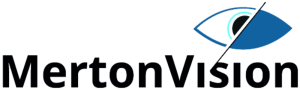 Merton Vision Logo. A dark blue eye with a diagonal line through it, half shaded, representing visual impairment.