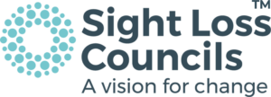 The logo for Sight Loss Councils, consisting of the slogan "A vision of change" in navy text, and a light blue ring comprising dots of various sizes.