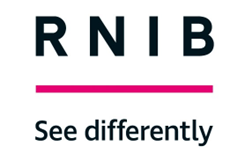 The logo of the Royal National Institute for Blind People, consisting of the initials RNIB and the slogan "see differently", separated by a dark pink line.