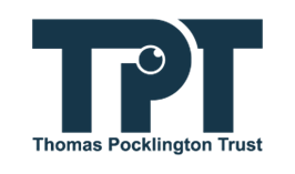 The logo of the Thomas Pocklington Trust. It consists of the initials TPT in dark blue text. The circle of the P resembles a human eye.